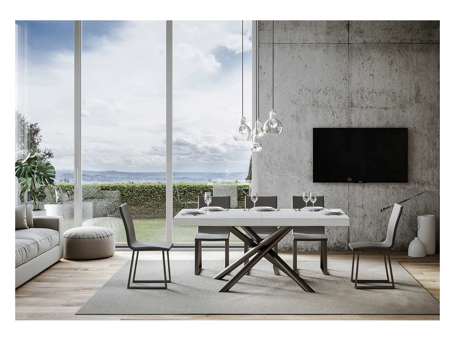 Table extensible 90x160/264 cm Famas Premium Frêne Blanc cadre Anthracite