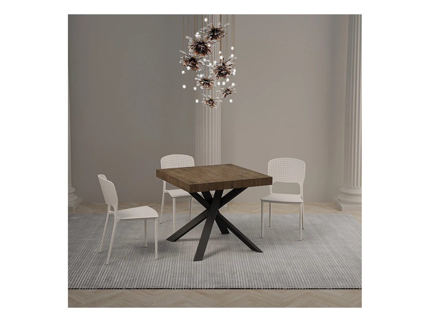 Table extensible 90x90/194 cm Clerk Premium dessus Noyer pieds Anthracite