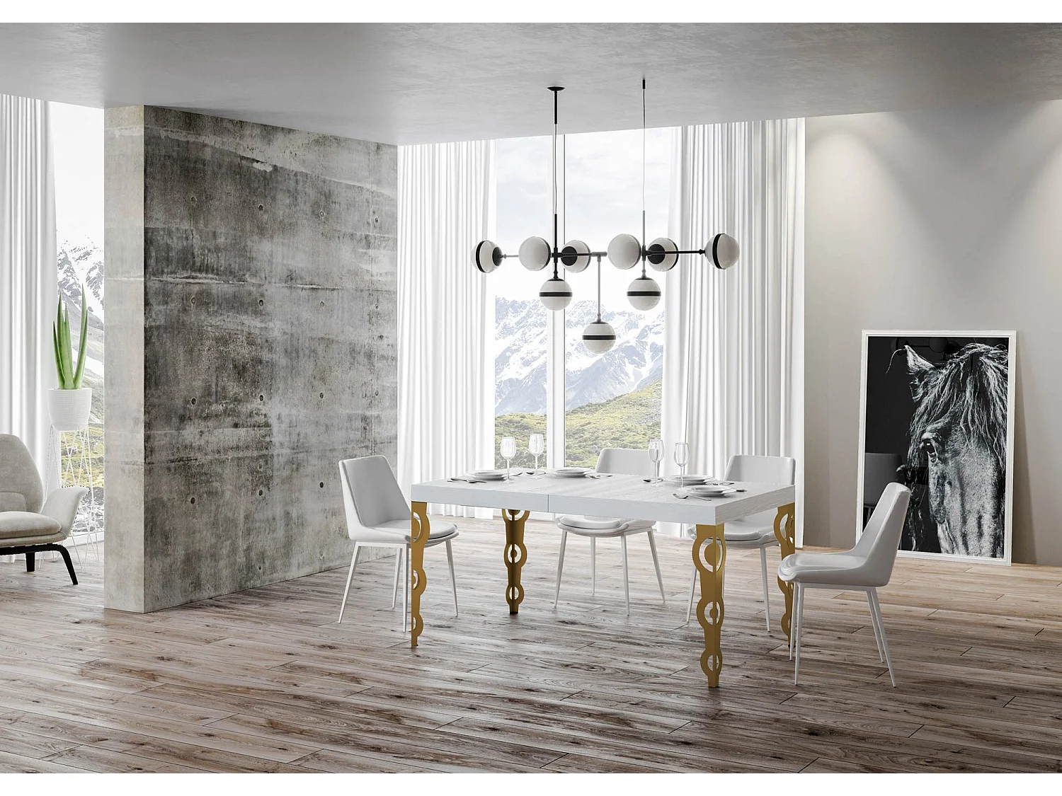 Stół rozkładany 90x160/420 cm Rama z jesionu białego karamay w kolorze złotym