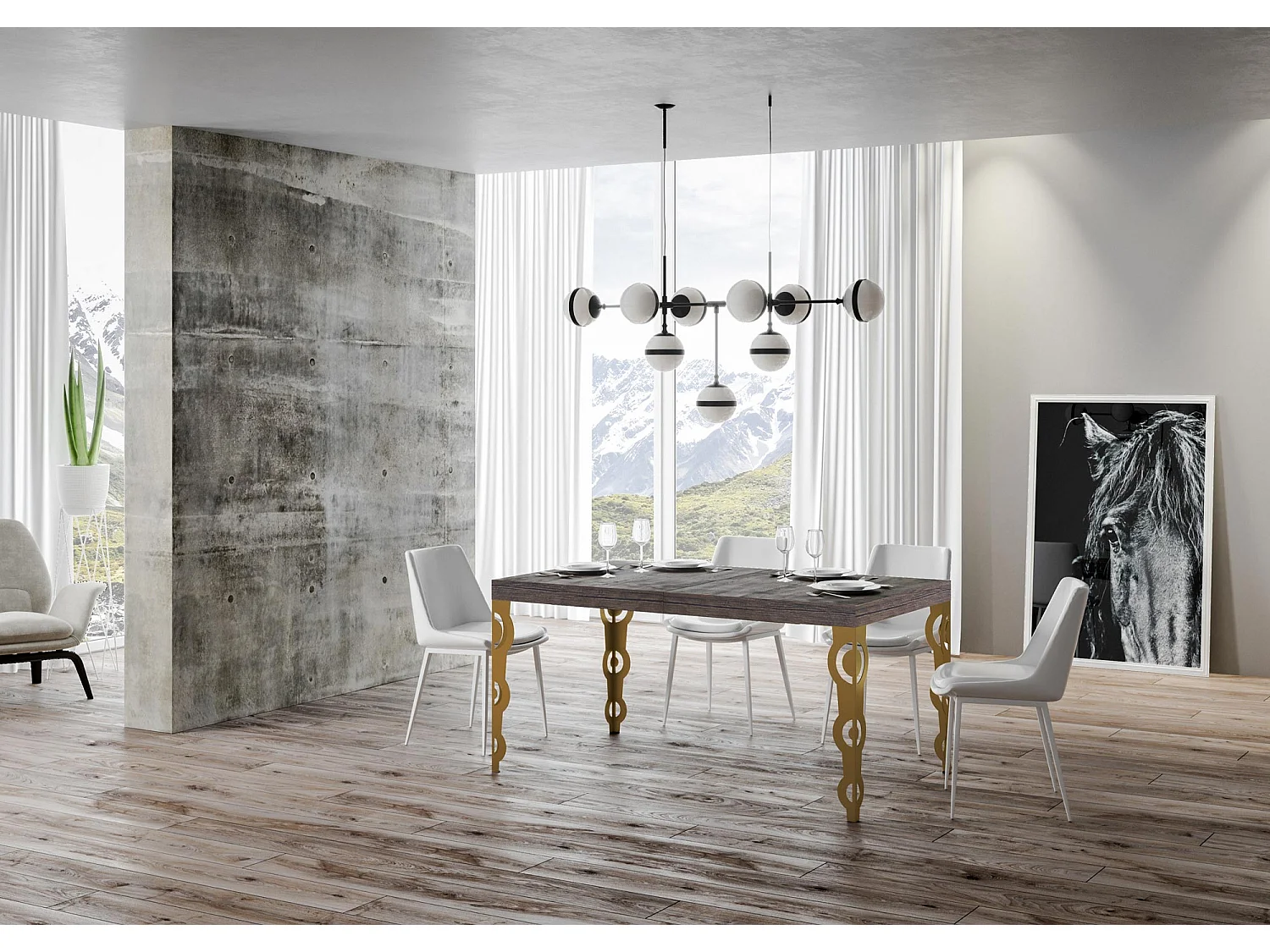 Table extensible 90x160/264 cm Karamay Noyer cadre or