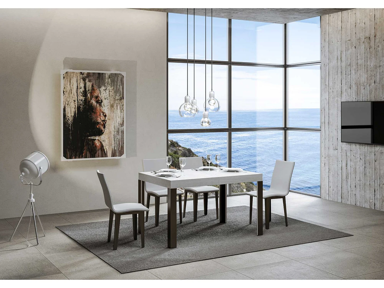 Mesa de jantar extensível 90x120/224 cm Linea Cinza Branca quadro Antracite