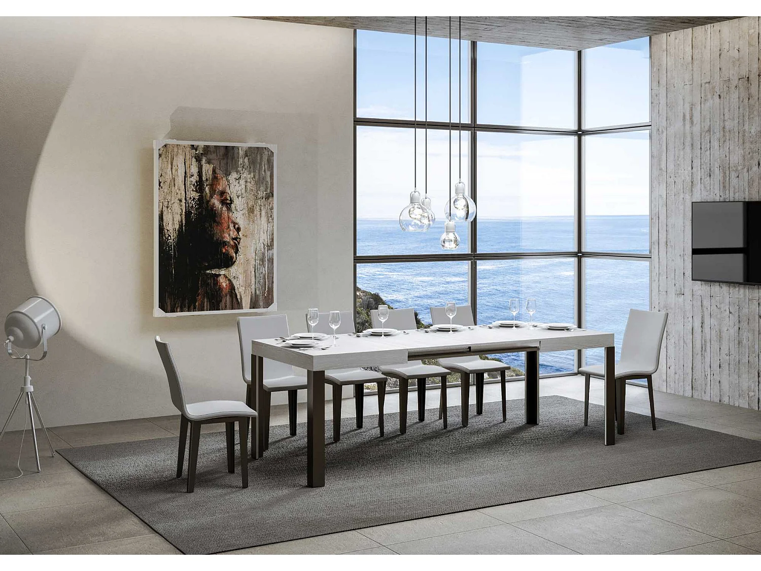 Table extensible 90x120/224 cm Linea Frêne Blanc cadre Anthracite