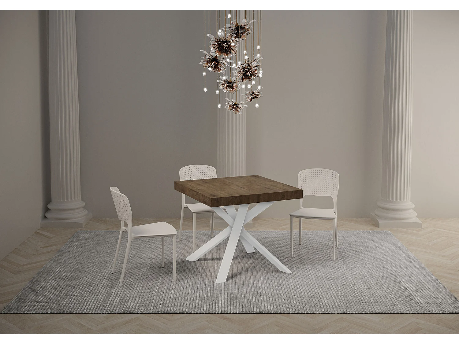 Table extensible 90x90/194 cm Clerk Premium dessus Noyer pieds Blancs