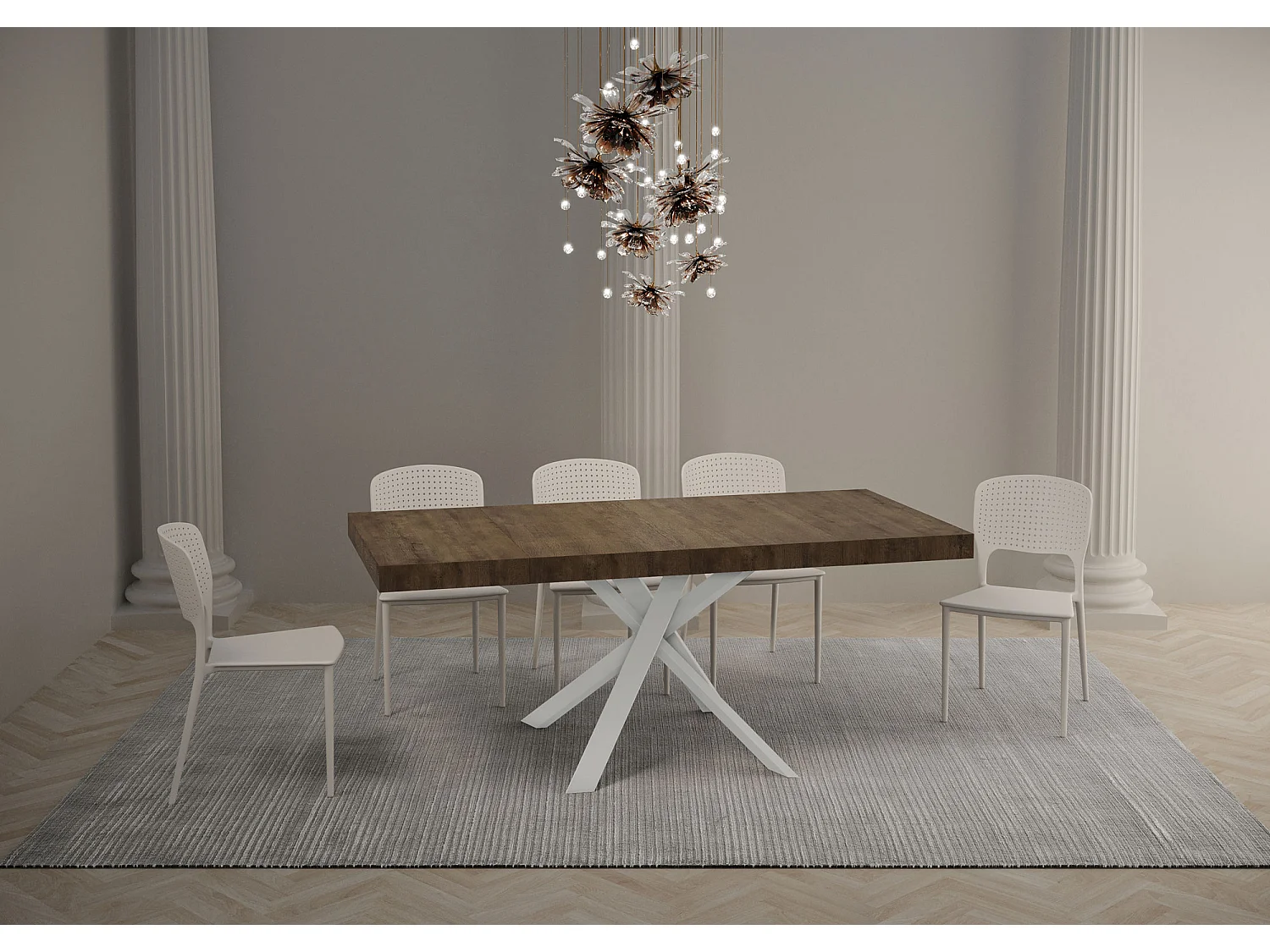 Table extensible 90x90/194 cm Clerk Premium dessus Noyer pieds Blancs