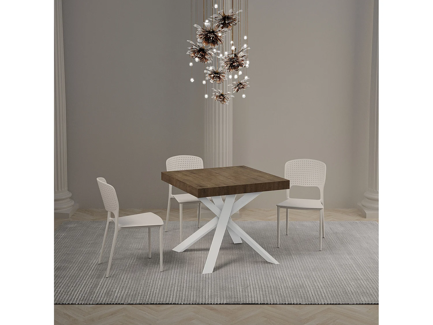 Table extensible 90x90/194 cm Clerk Premium dessus Noyer pieds Blancs