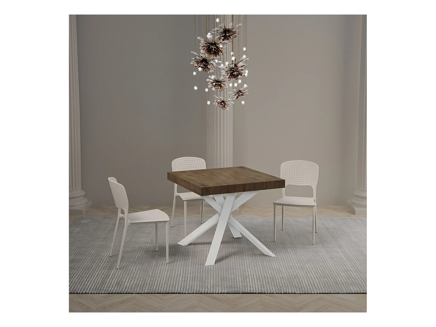 Table extensible 90x90/194 cm Clerk Premium dessus Noyer pieds Blancs