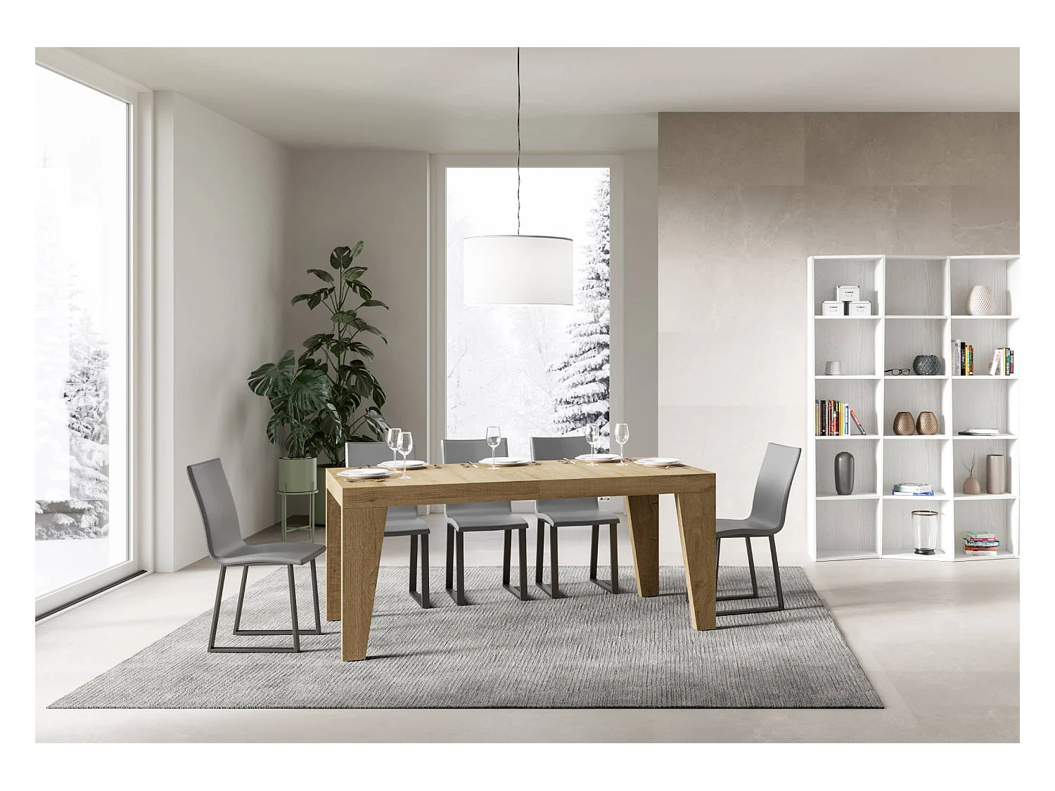 Naxo uitschuifbare houten eettafel-Kleur Natuurlijk-Steun 2 voet-Verlengsnoeren -Uitschuifbare breedte
