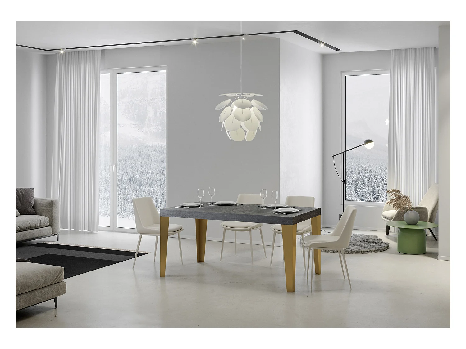 Stół rozkładany 90x130/390 cm Płomień Szary Betonowa złota rama