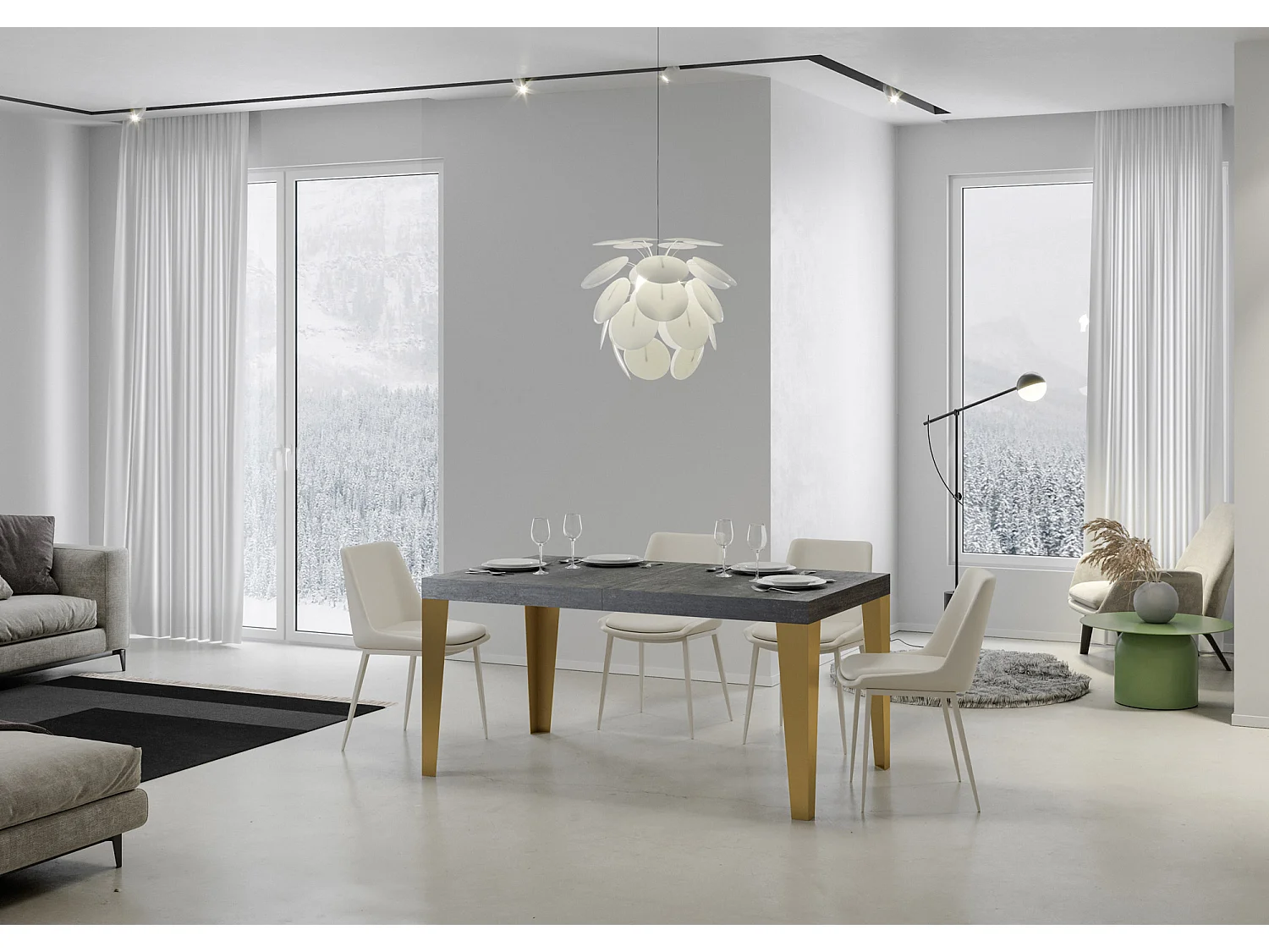 Stół rozkładany 90x130/390 cm Płomień Szary Betonowa złota rama