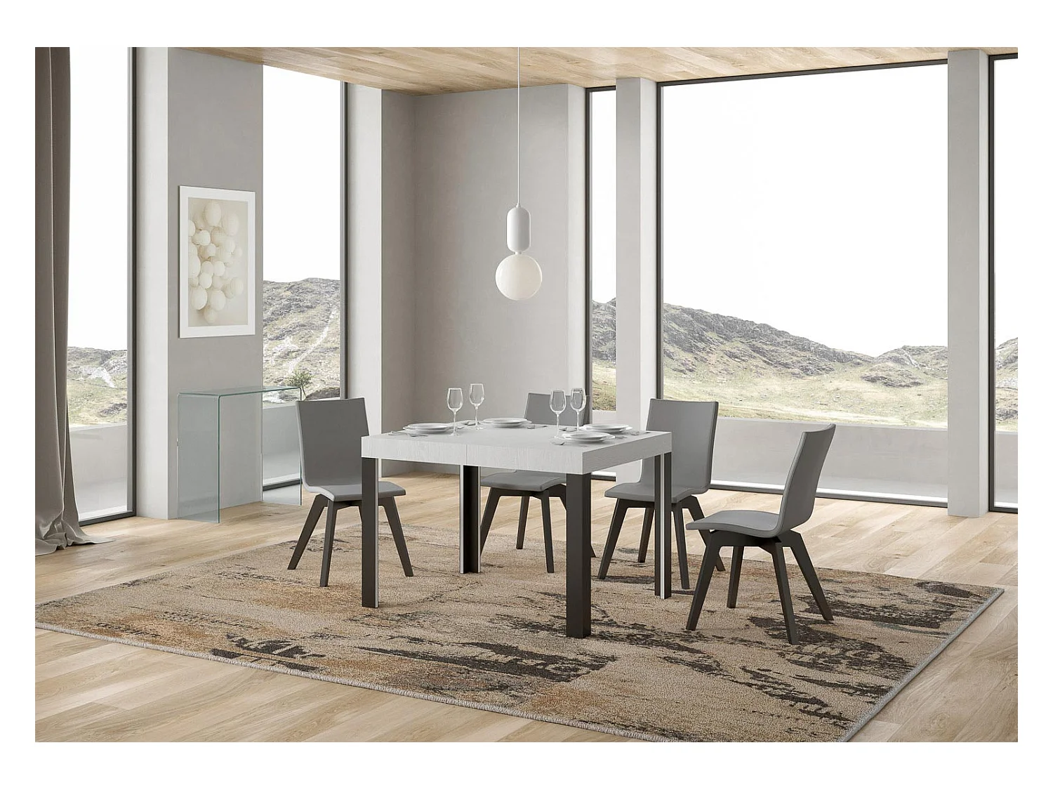 Table extensible 70x110/194 cm Linea Frêne Blanc cadre Anthracite