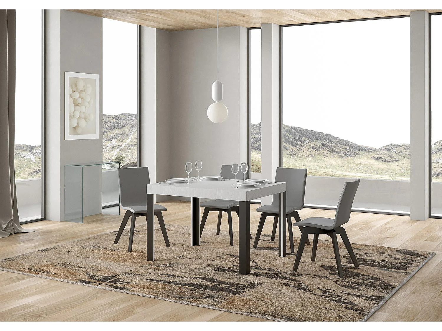 Table extensible 70x110/194 cm Linea Frêne Blanc cadre Anthracite