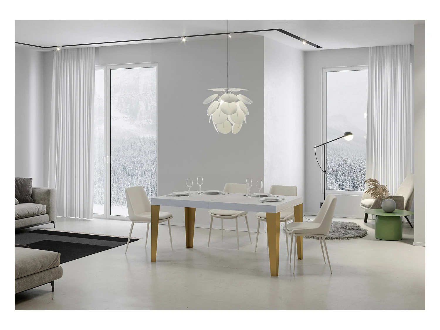 Stół rozkładany 90x160/420 cm Rama w kolorze Flame White Ash w kolorze złotym