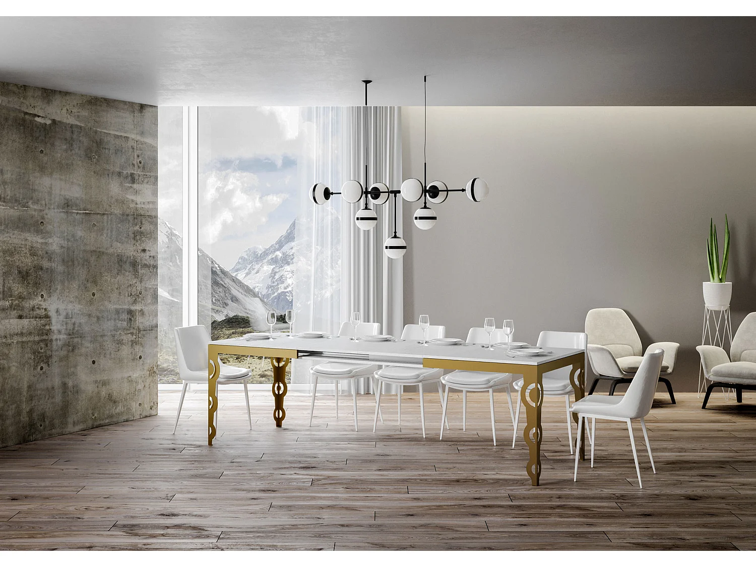 Table extensible 90x160/264 cm Karamay Evolution Frêne Blanc cadre or