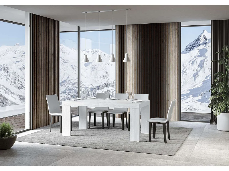 Ribo uitschuifbare houten eettafel-Kleur Wit-Steun 2 voet-Verlengsnoeren -Uitschuifbare breedte