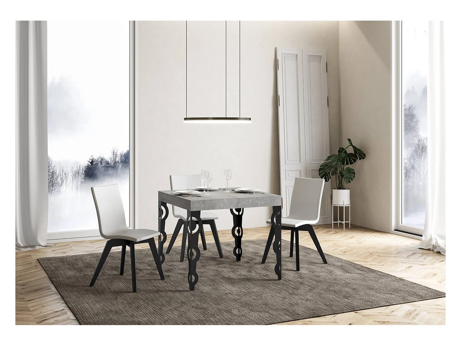 Table extensible 90x90/246 cm Karamay Premium Gris Béton cadre Anthracite