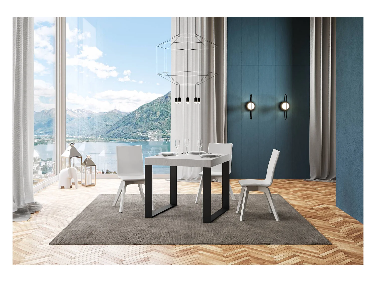Table extensible 90x90/246 cm Tecno Premium Frêne Blanc cadre Anthracite