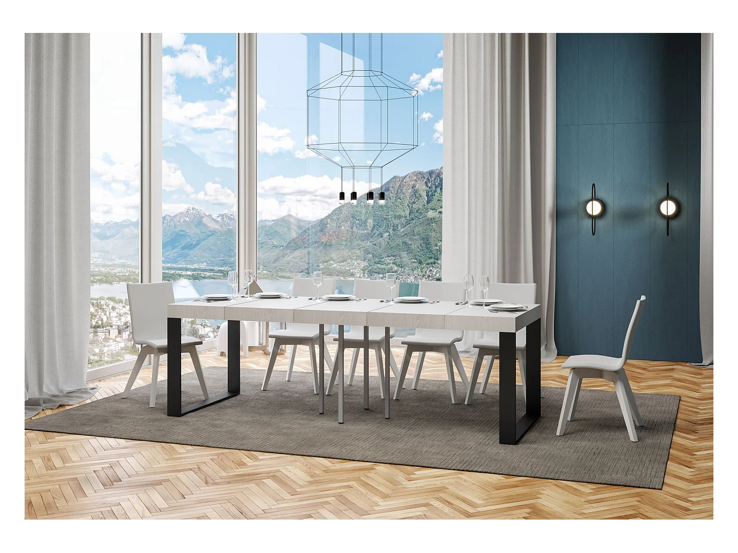 Ausziehtisch 90/246x90 cm Tecno Premium Esche weiß mit anthrazitfarbenen Beinen