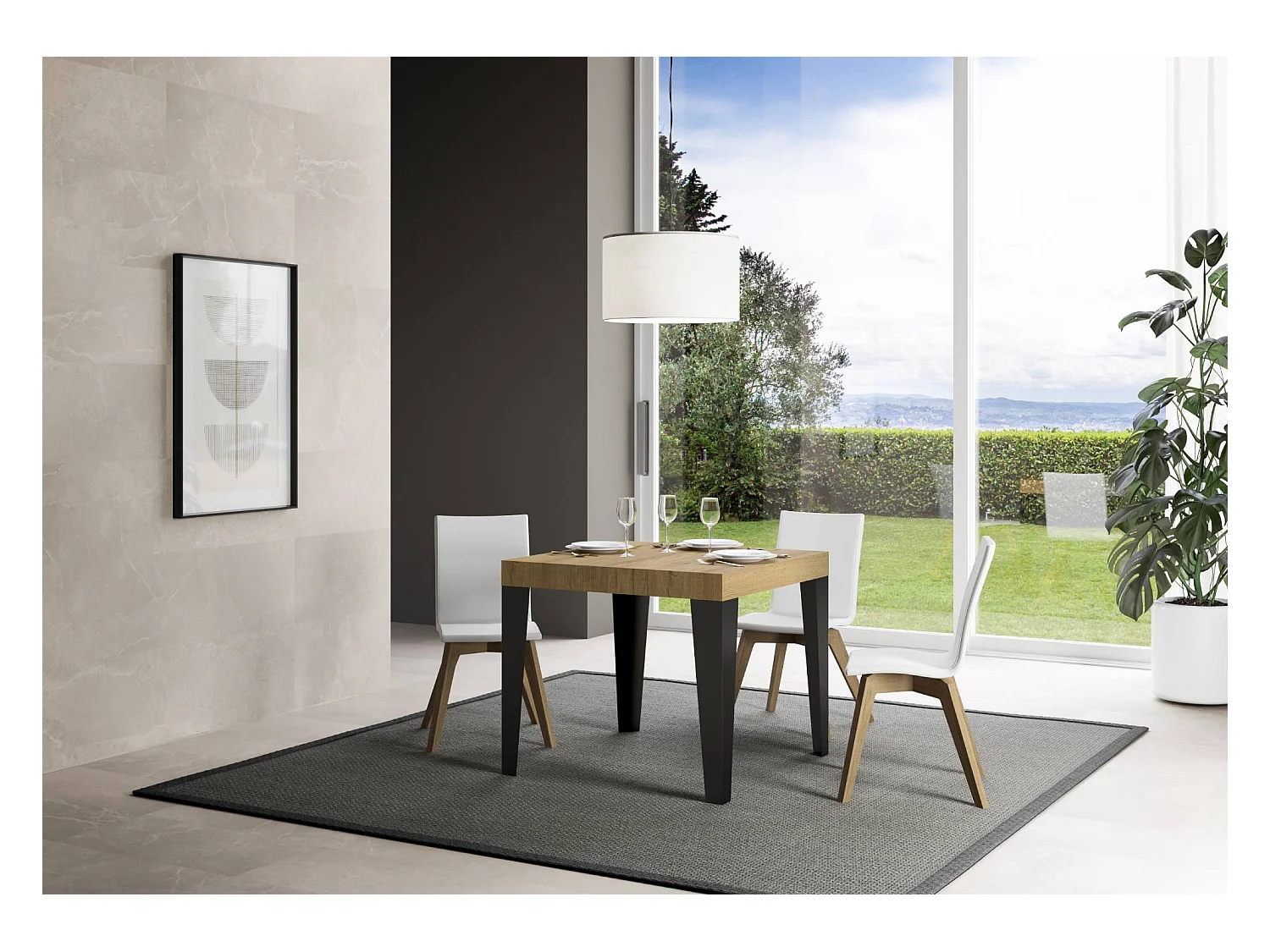 Table extensible 90x90/246 cm Flame Premium Chêne Nature cadre Anthracite