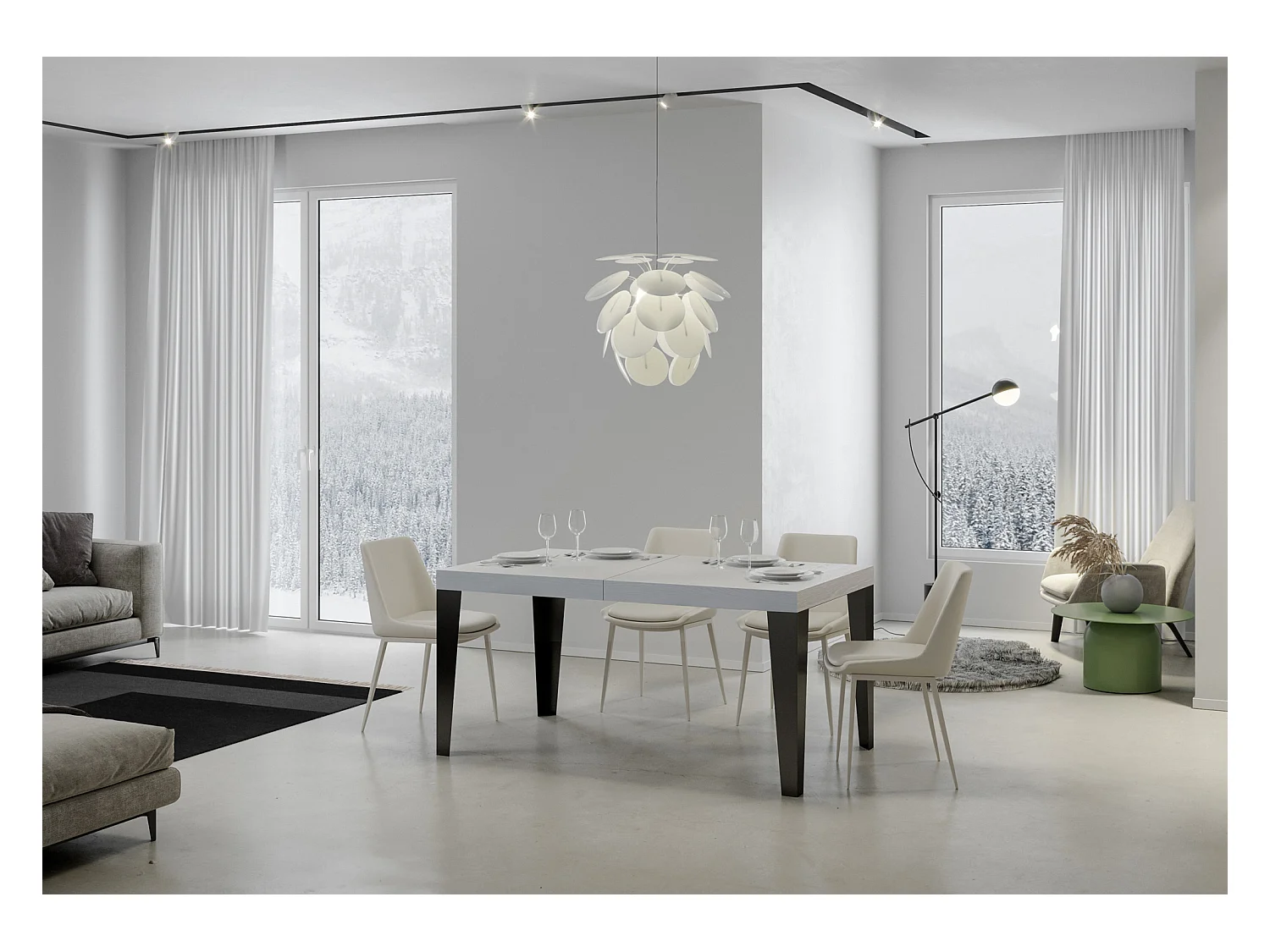 Table extensible 90x160/264 cm Flame Premium Frêne Blanc cadre Anthracite