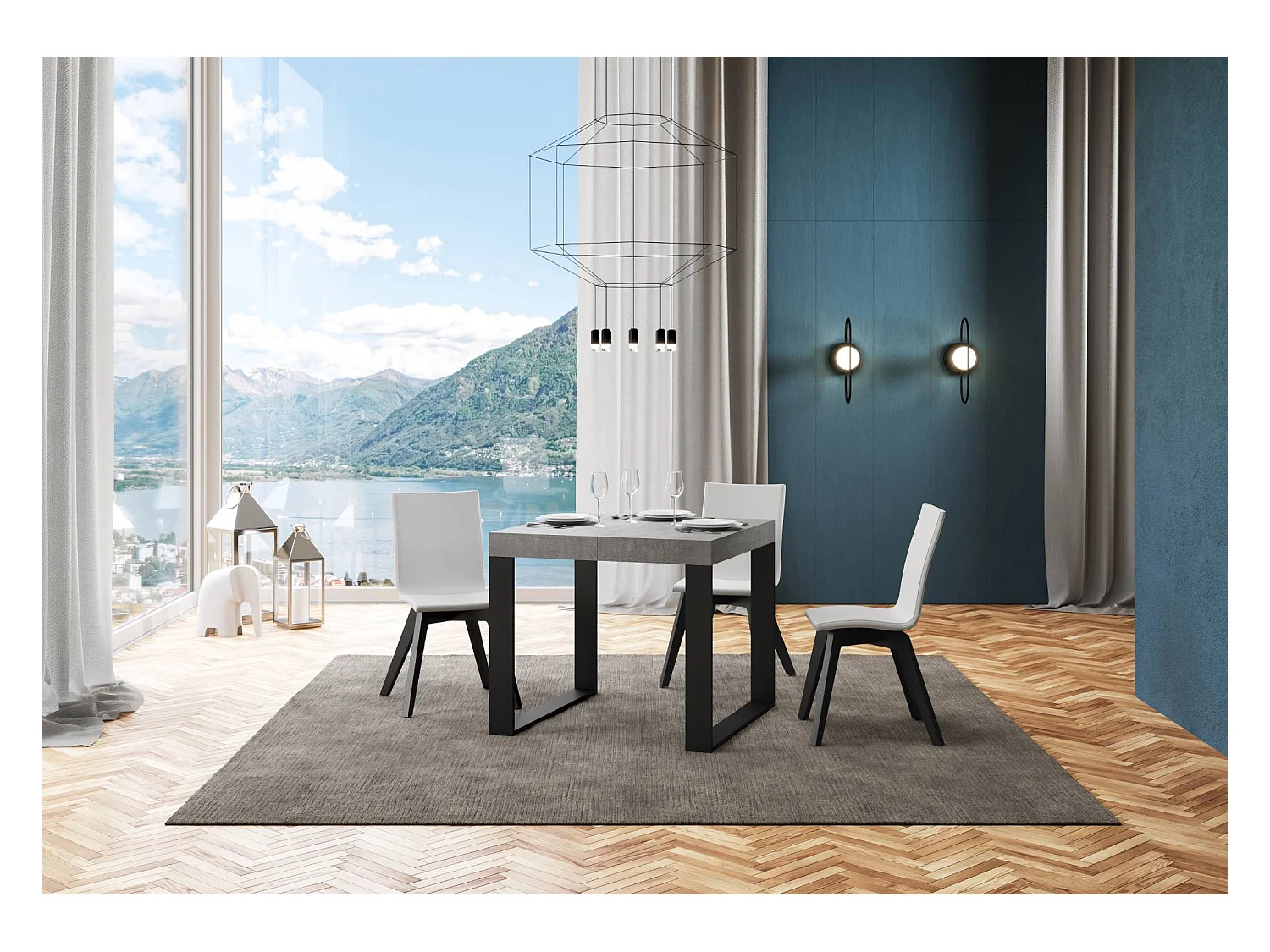 Table extensible 90x90/246 cm Tecno Premium Gris Béton cadre Anthracite