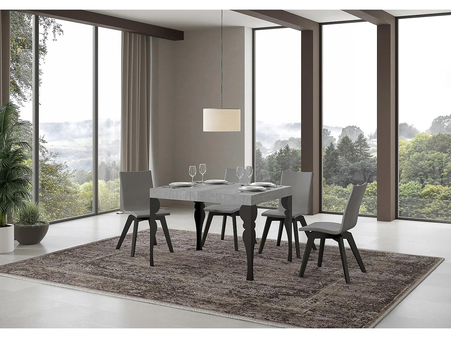 Table extensible 120/204x80 cm Paxon gris béton pieds anthracite