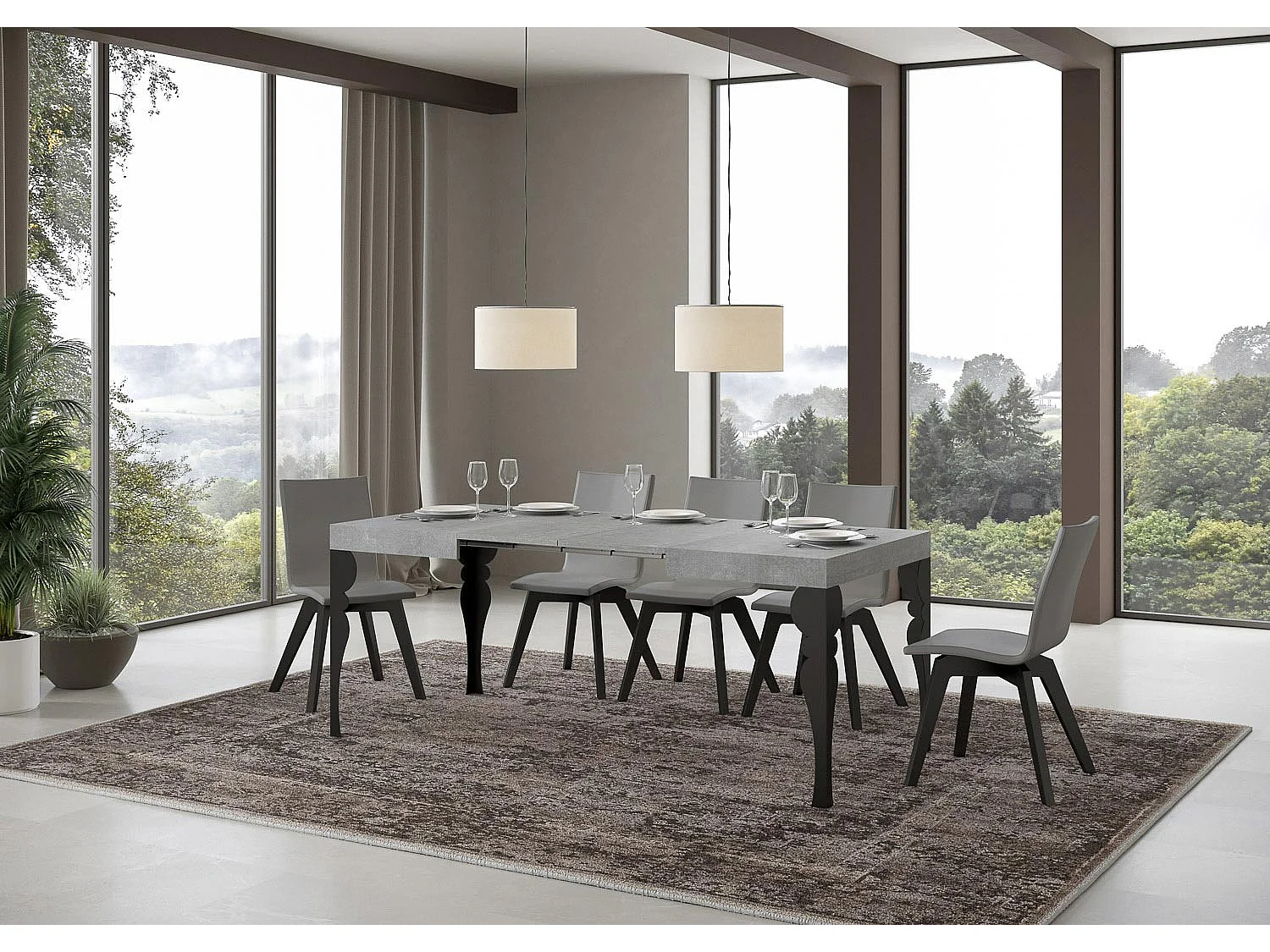 Table extensible 120/204x80 cm Paxon gris béton pieds anthracite