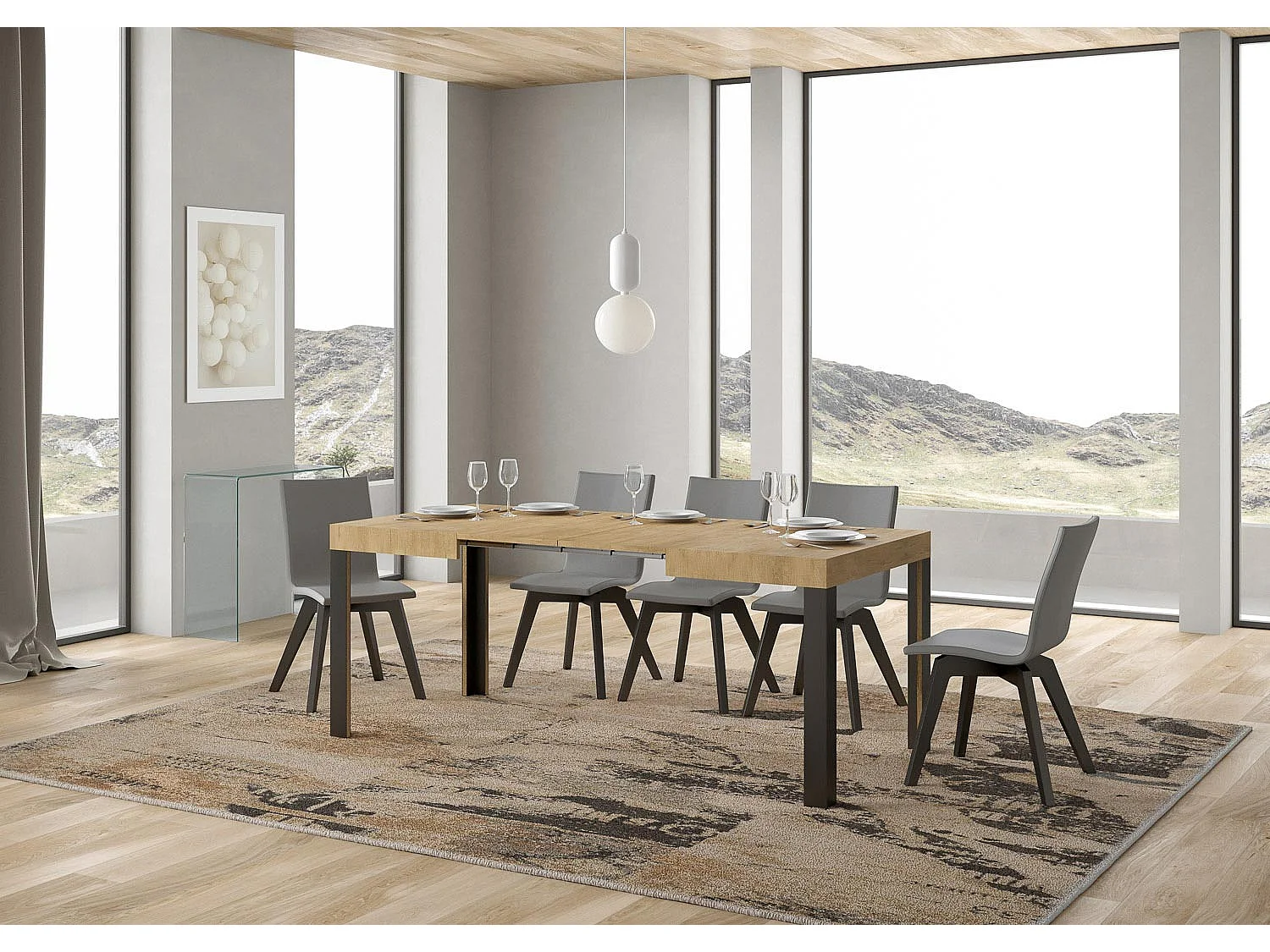 Table extensible 80x120/204 cm Linea Chêne Nature cadre Anthracite