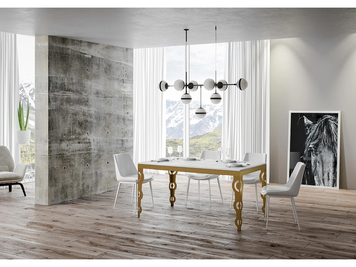 Table extensible 90x180/284 cm Karamay Evolution Frêne Blanc cadre or