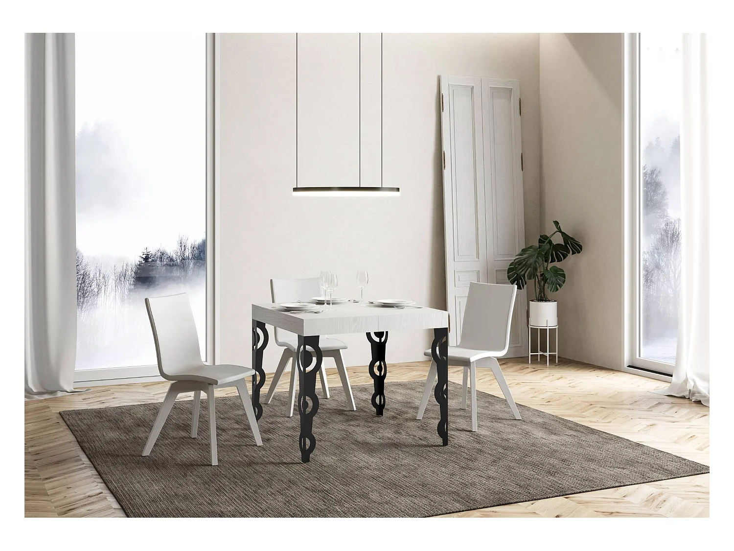 Table extensible 90x90/246 cm Karamay Premium Frêne Blanc cadre Anthracite