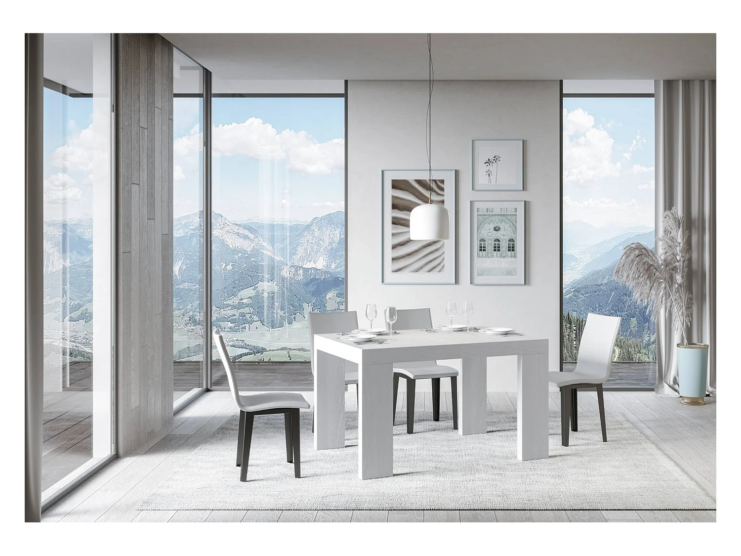 Ribo uitschuifbare houten eettafel-Kleur Wit-Steun 2 voet-Verlengsnoeren -Uitschuifbare breedte