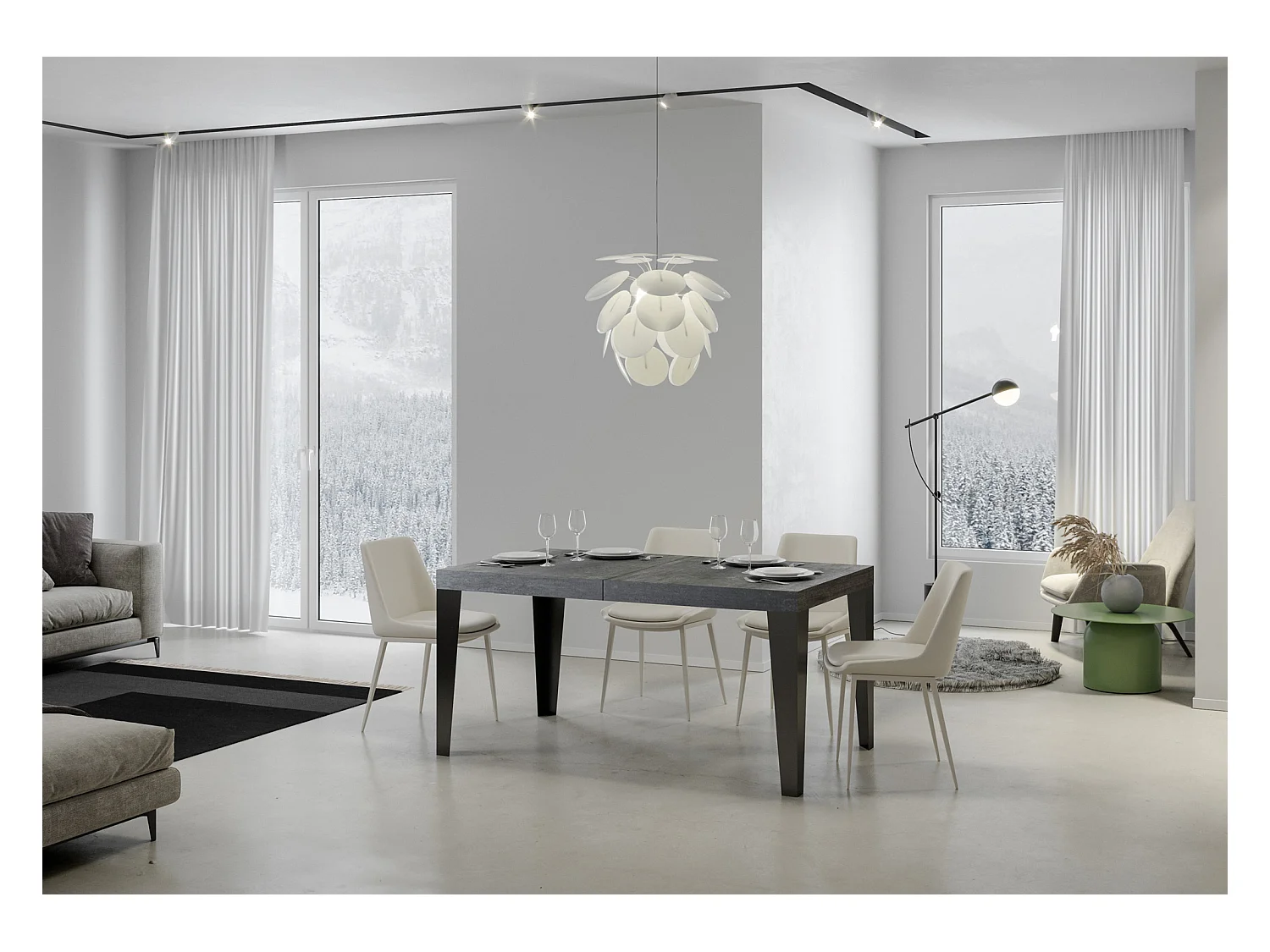 Table extensible 90x160/264 cm Flame Premium Gris Béton cadre Anthracite