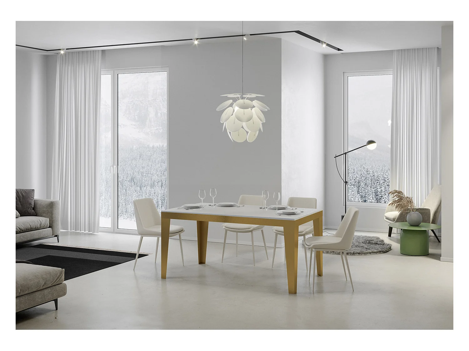 Stół rozkładany 90x160/420 cm Flame Evolution Rama z białego jesionu w kolorze złotym