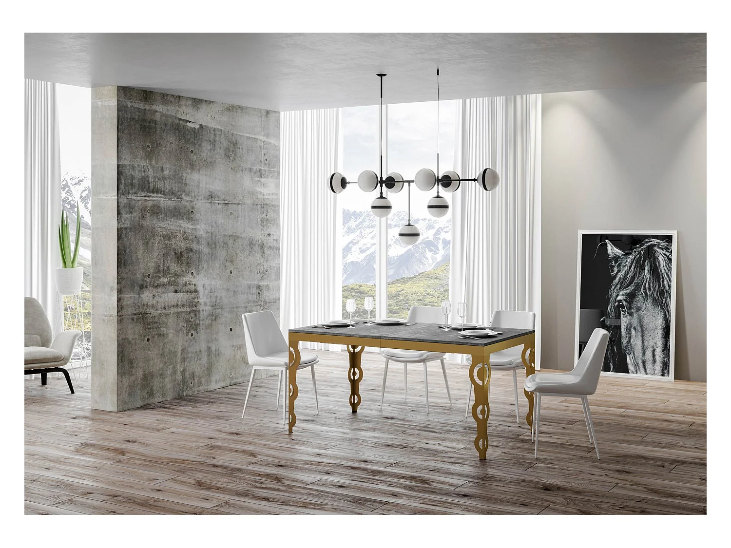 Stół rozkładany 90x160/420 cm Karamay Evolution Grey Betonowa złota rama