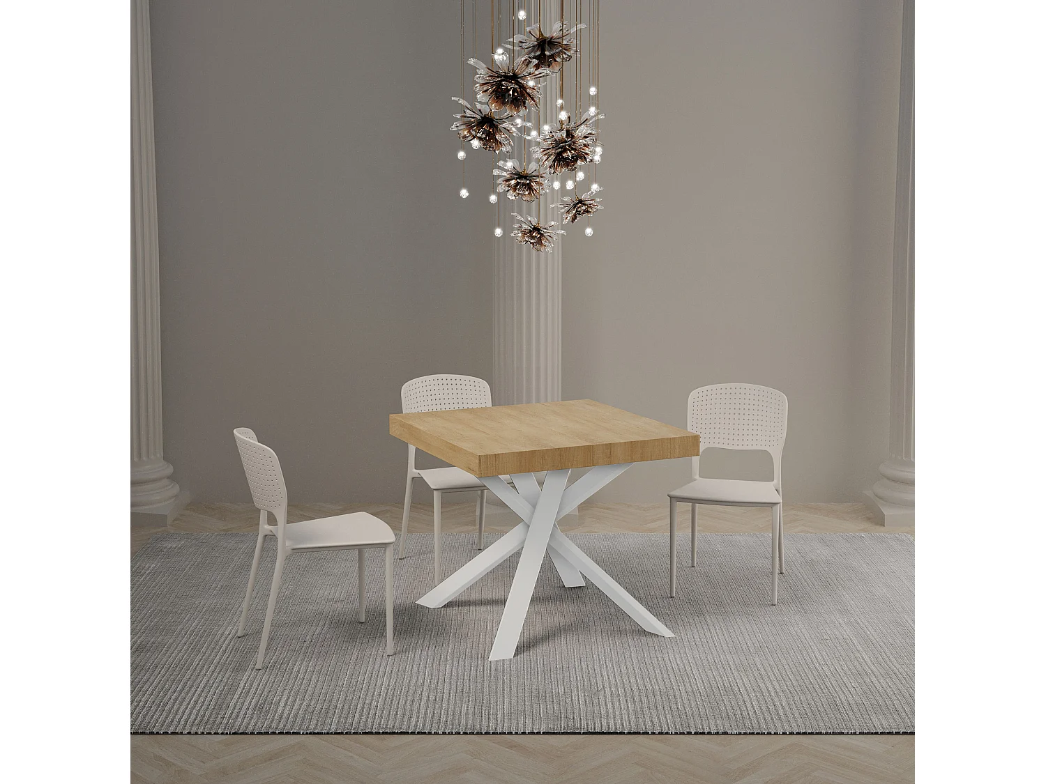 Mesa extensible 90x90/194 cm Clerk Premium Tapa Roble Natural - Patas Blancas