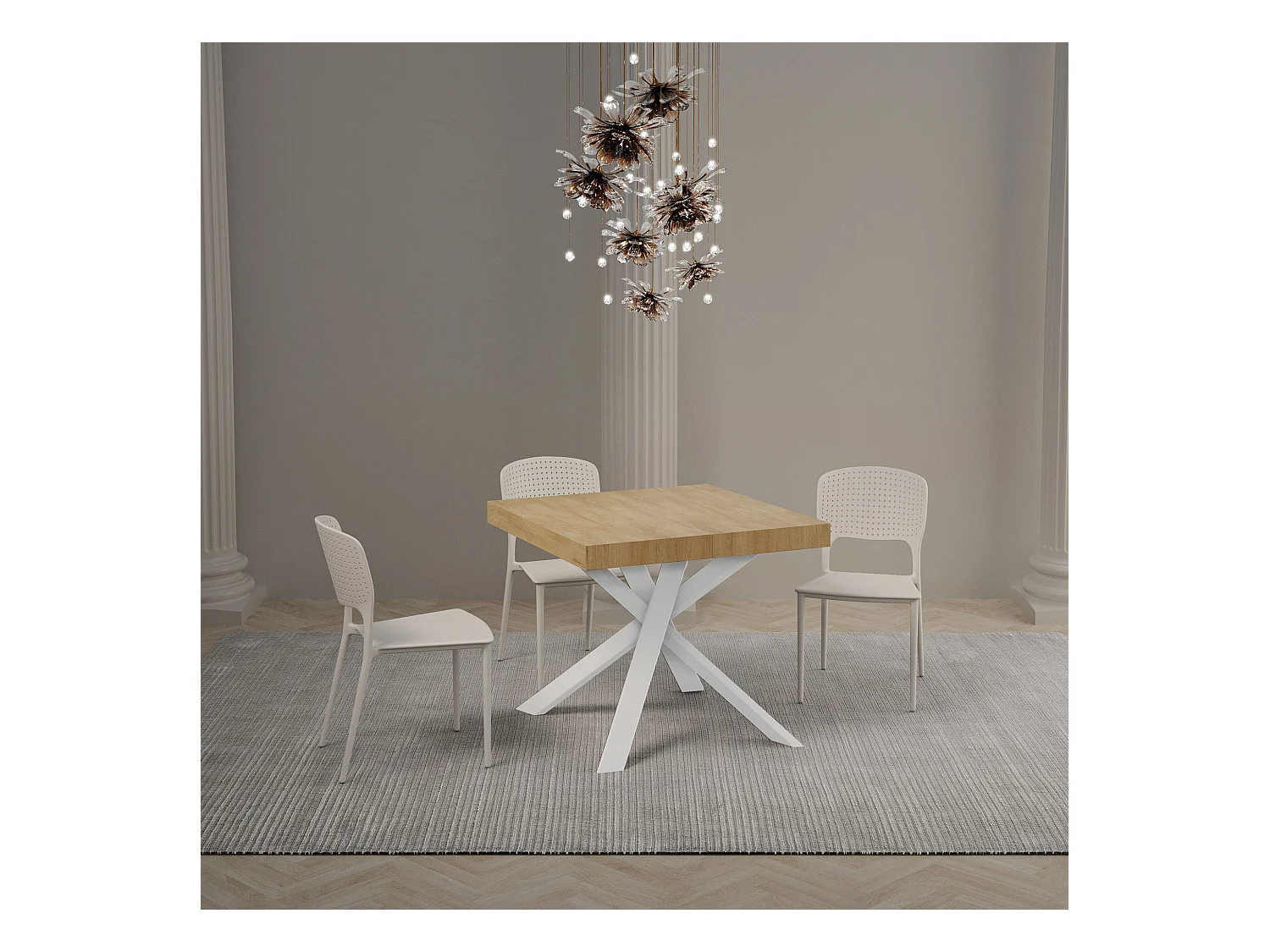 Table extensible 90x90/194 cm Clerk Premium dessus Chêne Nature pieds Blancs