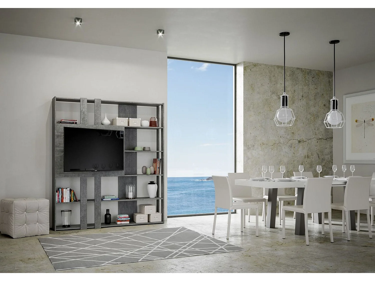 Libreria a giorno Kato L con pannello porta TV cemento