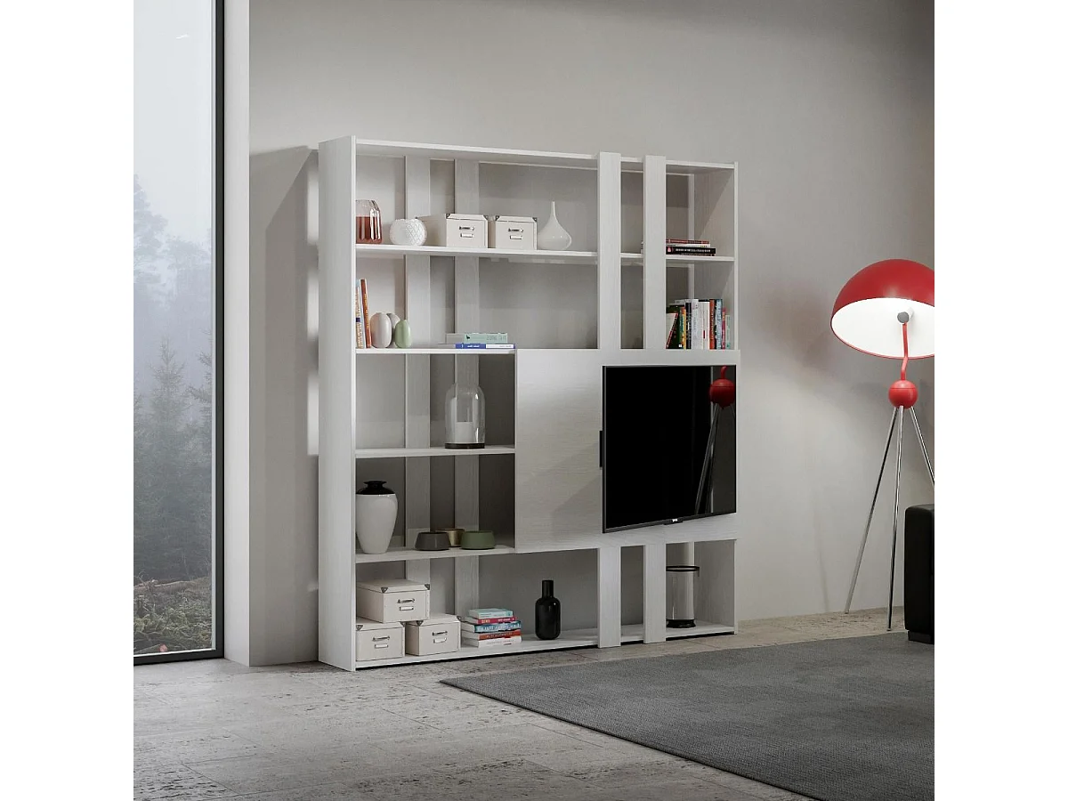 Libreria a giorno Kato H con pannello porta TV bianco frassino