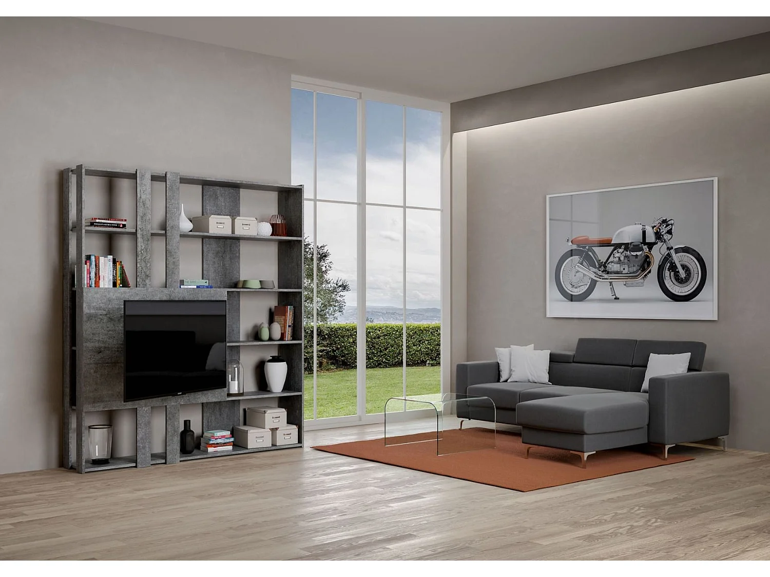 Bibliothèque avec support TV Kato M gris béton