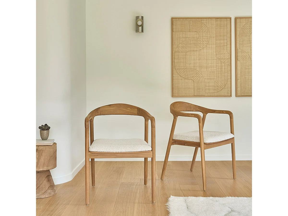 Sillas de teca maciza, asiento de buclé (juego de 2)