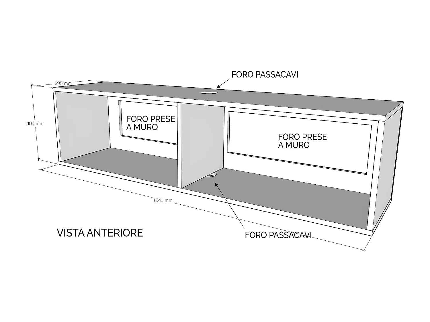 TV-Wandschrank mit Klappe aus Walnussholz mit Kabelverschraubung L.153,6 H.40 P.39,2
