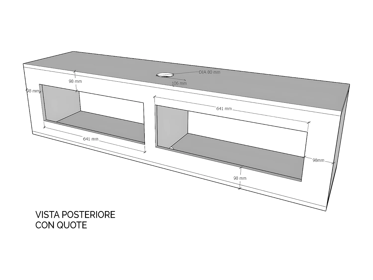 TV-Wandschrank mit Klappe aus Walnussholz mit Kabelverschraubung L.153,6 H.40 P.39,2