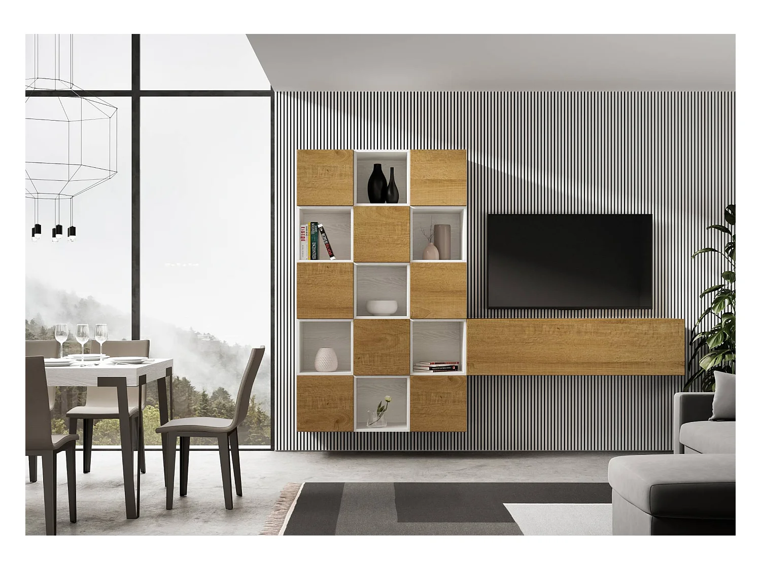 Zusammensetzung der Wohnzimmerwand A101 L.274 H.200 T.39,2