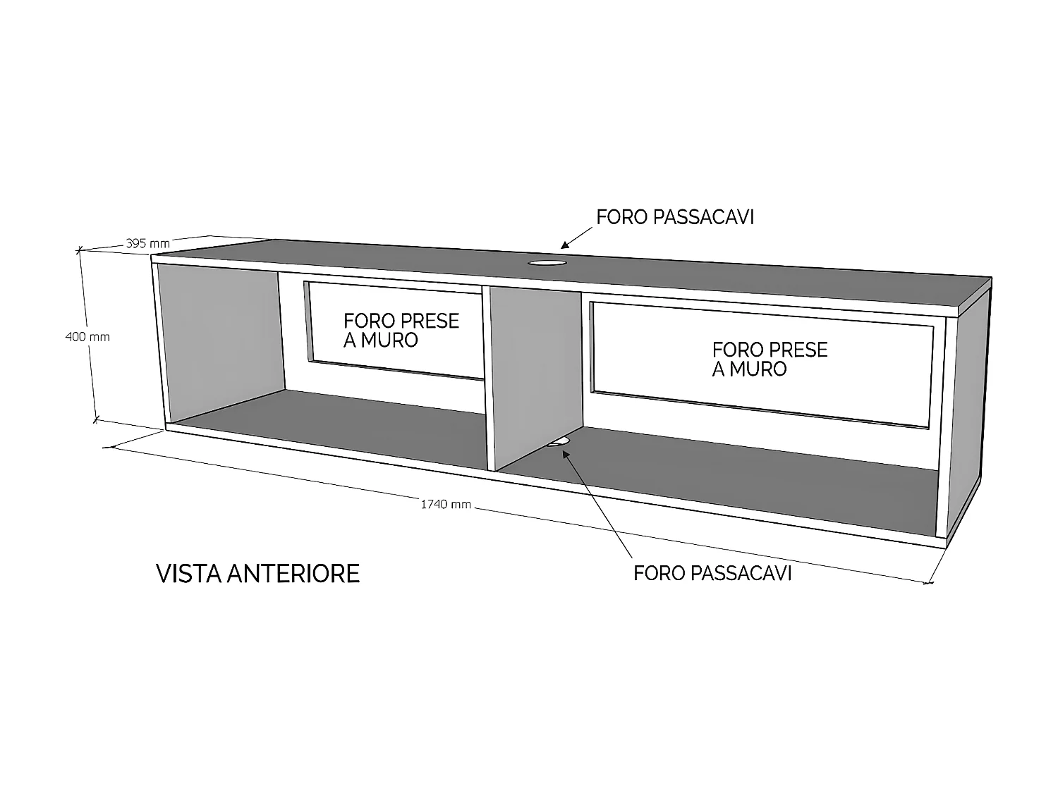 Abattant Base TV avec presse-étoupe L.173.6 H.40 P.39.2 avec pieds en Noyer