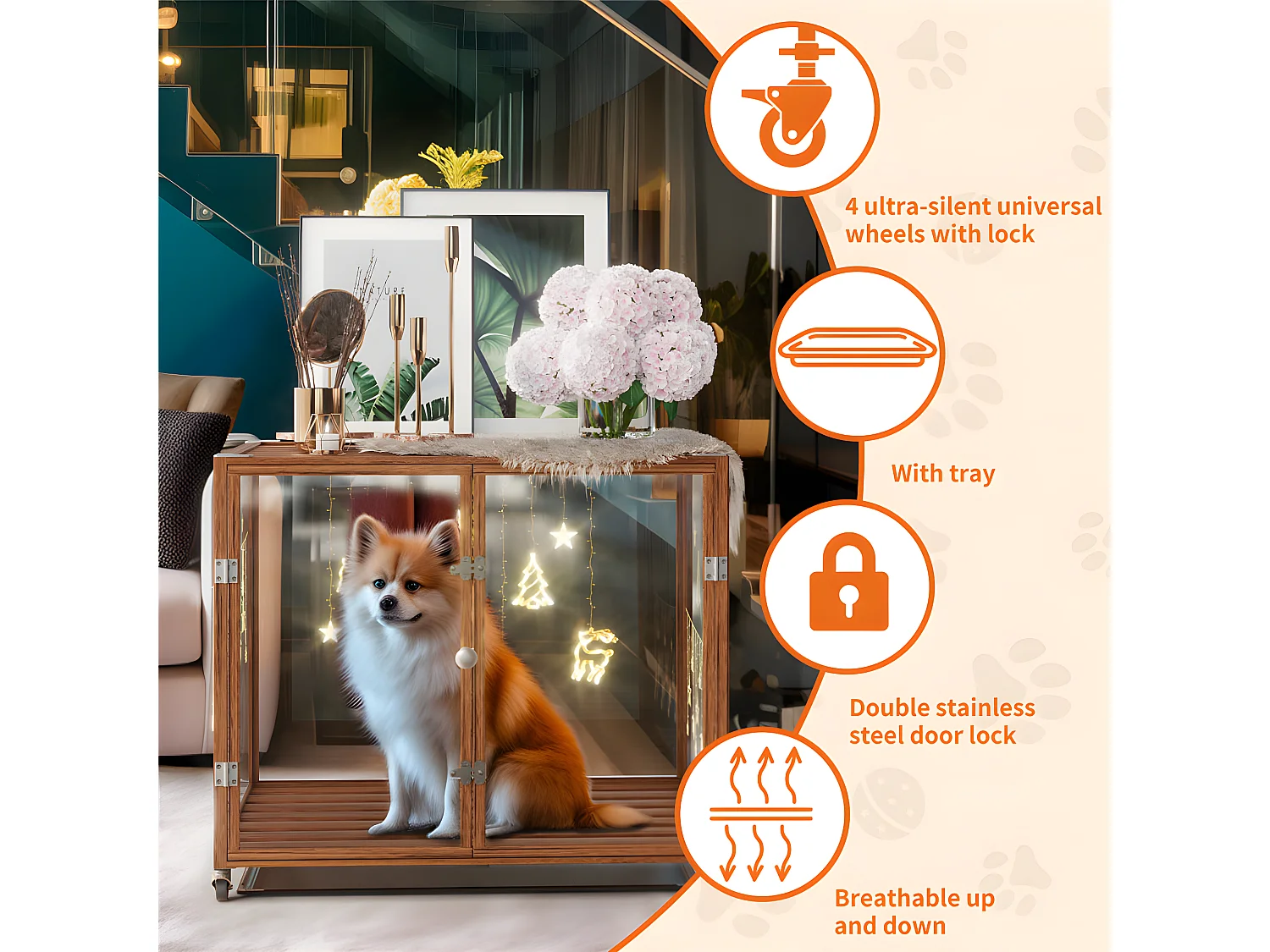 Jaula para perros de interior con ruedas, 106 x 68,5 x 82 cm, jaula grande para perros, estructura de aleación de aluminio.