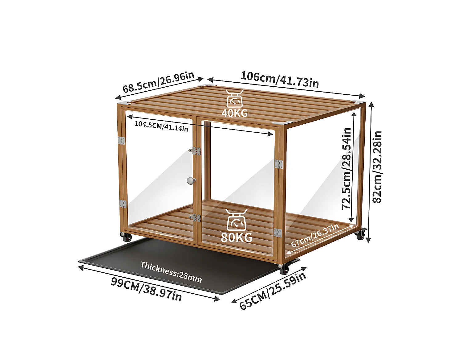Cage pour chien intérieur avec roulette, 106x68.5x82cm caisse pour chiens grande taille, cadre en alliage d'aluminium 106x68.5x82cm