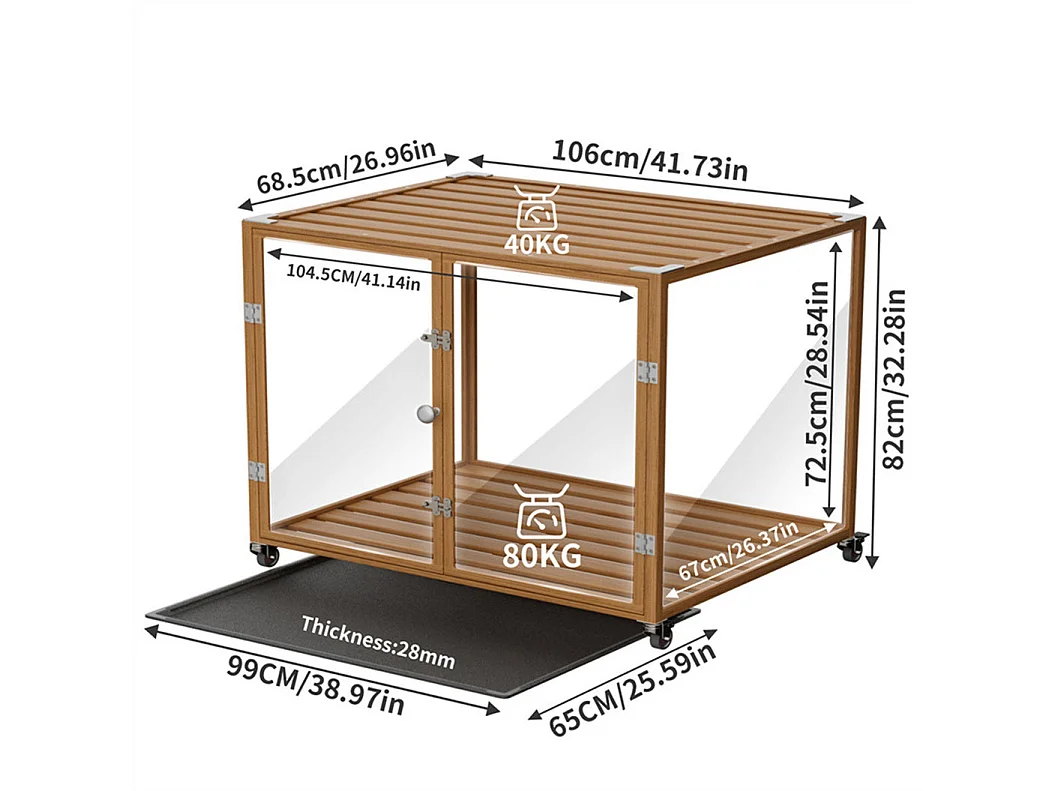Cage pour chien intérieur avec roulette, 106x68.5x82cm caisse pour chiens grande taille, cadre en alliage d'aluminium 106x68.5x82cm