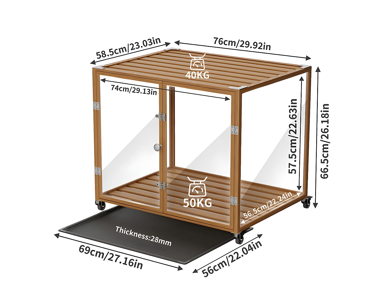 Hondenbench voor binnen met wielen, 76 x 58,5 x 66,5 cm, hondenbench voor kleine en middelgrote honden, 76 x 58,5 x 66,5 cm