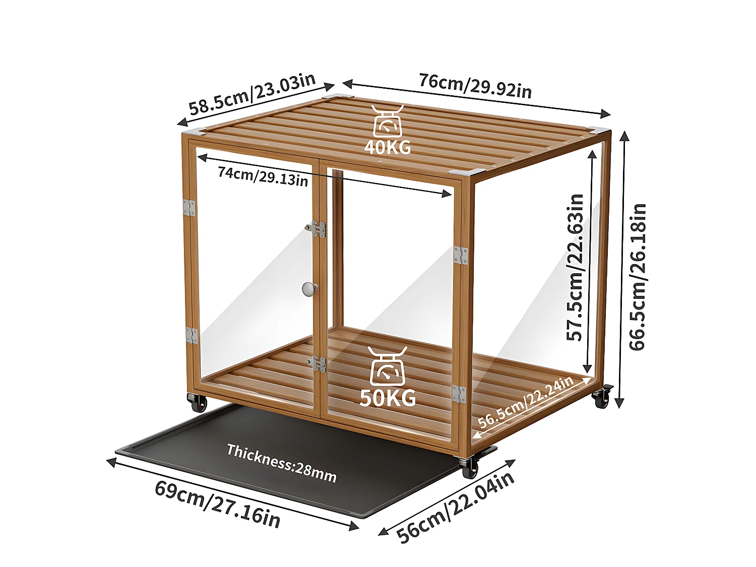 Hondenbench voor binnen met wielen, 76 x 58,5 x 66,5 cm, hondenbench voor kleine en middelgrote honden, 76 x 58,5 x 66,5 cm