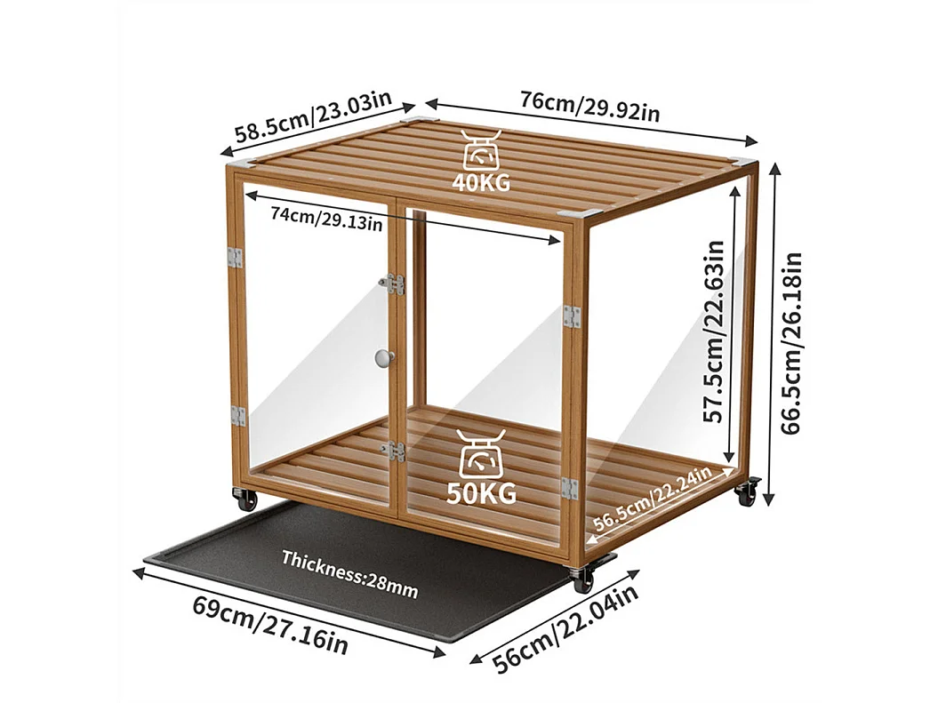 Cage pour chien intérieur avec roulette, 76x58.5x66.5cm caisse pour chiens de taille petite et moyenne 76x58.5x66.5cm