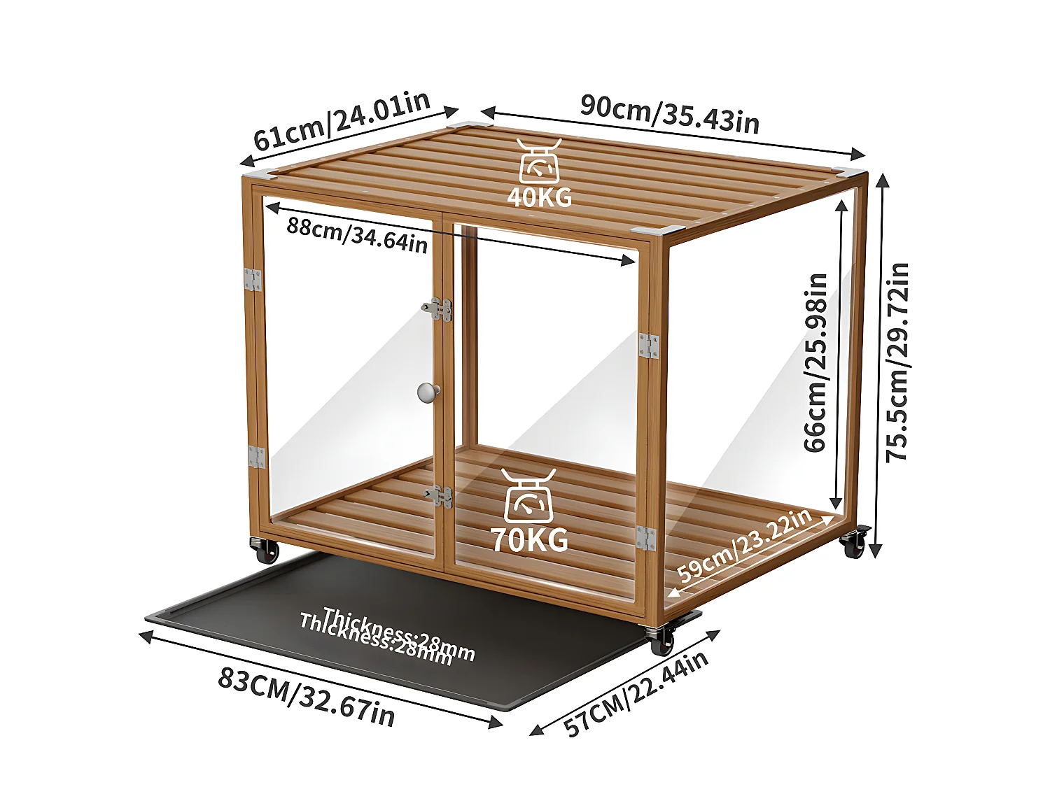 Hondenbench voor binnen met wielen, 90 x 61 x 75,5 cm, grote hondenbench, frame van aluminiumlegering, 90 x 61 x 75,5 cm